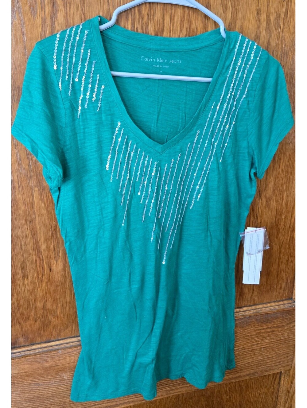 New Calvin Klein Women's Medium Turquoise Green Sequin T-shirt